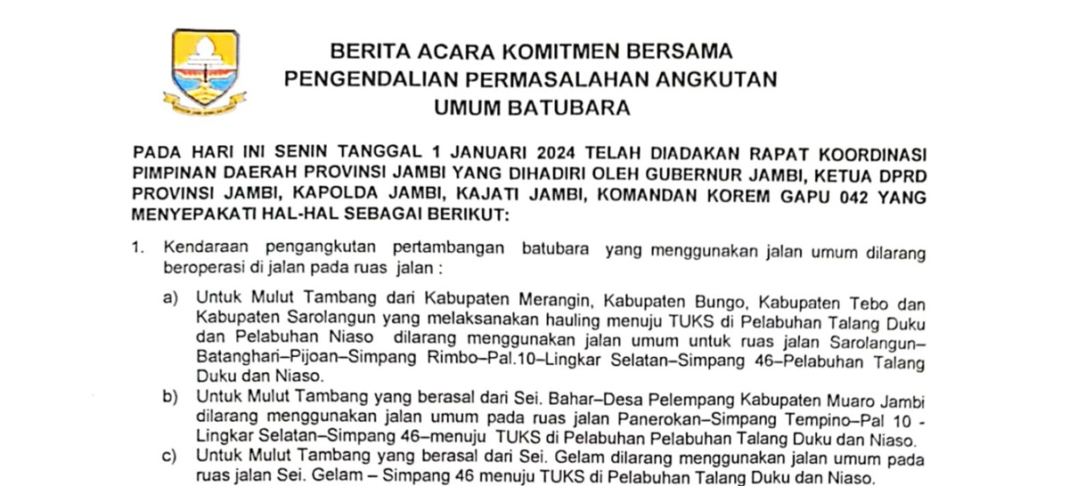 Gubernur Jambi Al Haris Resmi Melarang Angkutan Batu Bara Melintasi Jalan Umum, Termasuk Mendalo-Simp.Rimbo