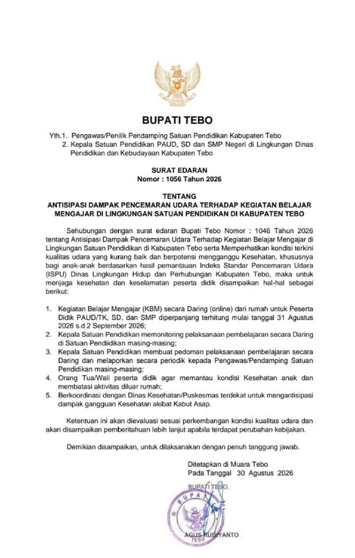 Kualitas Udara Masih Tak Sehat, Bupati Tebo Perpanjang Belajar Daring hingga 2 September