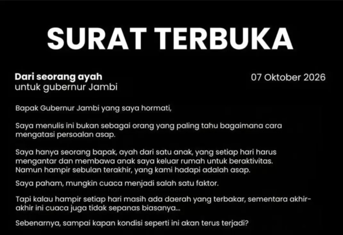 Kabut Asap Jambi Tak Kunjung Reda, Warga Kirim Surat Terbuka ke Gubernur