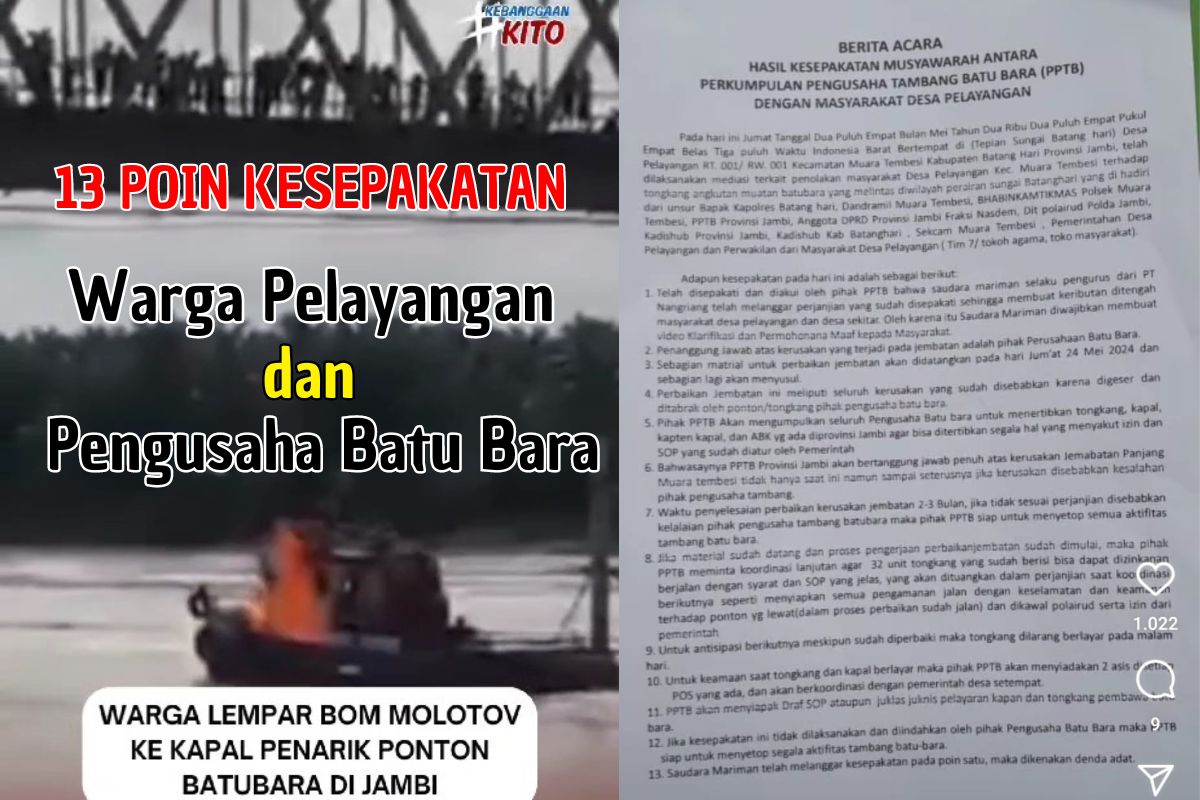 13 Point Kesepakatan Warga dan Pengusaha Batu Bara Terkait Penabrakan Jembatan Tembesi, Mariman di Sanksi Adat