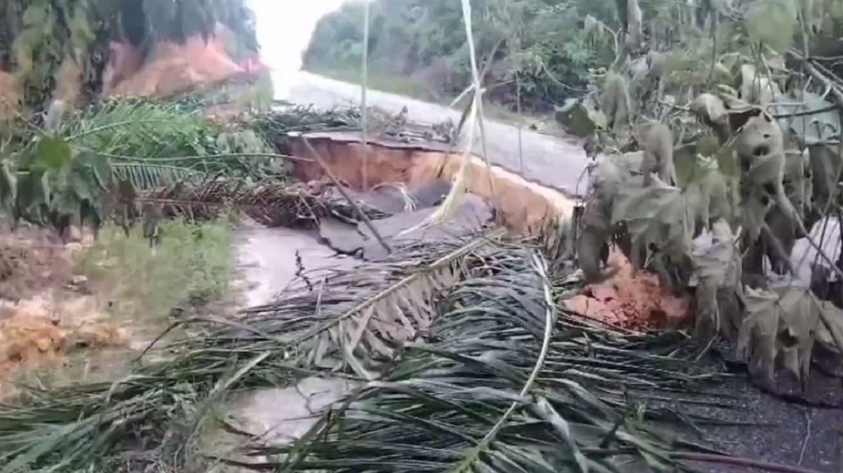 Diduga Dampak Galian Parit Gajah Perusahaan PTPN IV, Ruas Jalan Ness Batanghari Amblas