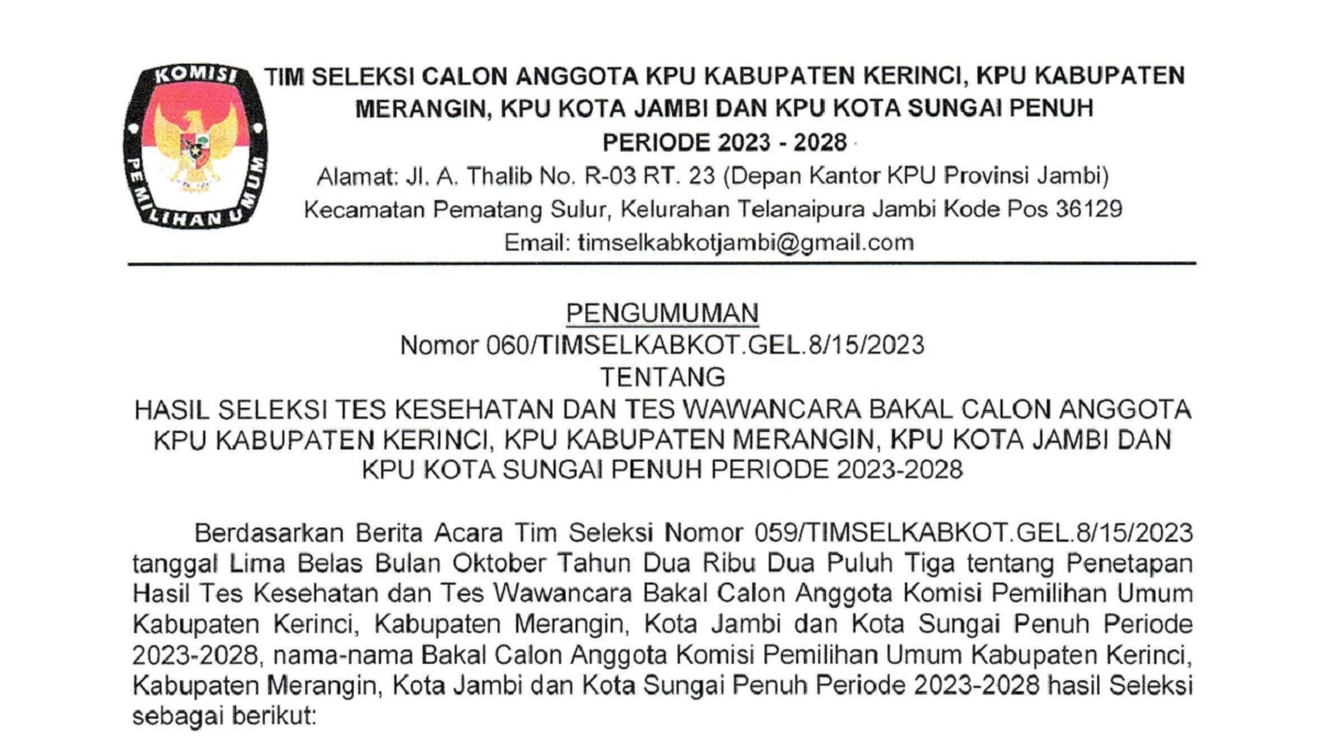 10 Besar Calon Anggota KPU Kota Jambi 2023, Berikut 10 Nama Peserta yang Lolos dan Tidak Lolos