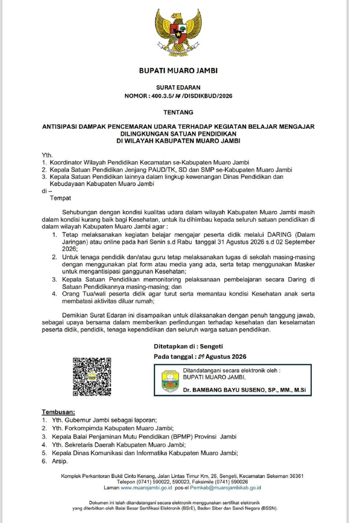 Kabut Asap Belum Reda, Sekolah di Muaro Jambi Kembali Daring 