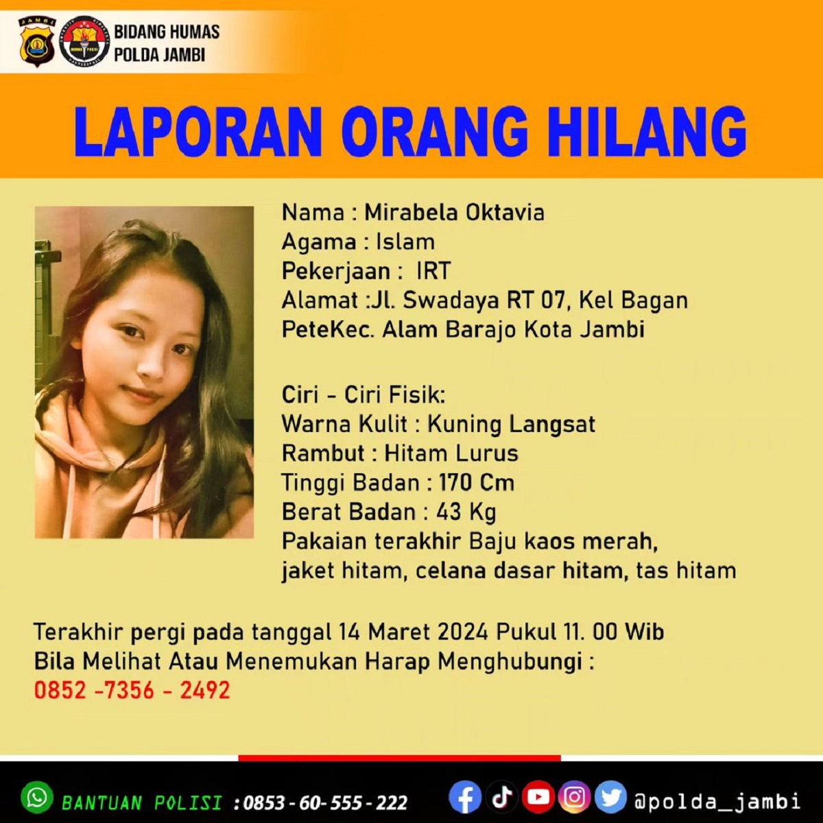 Wanita Cantik Mirabela Oktavia Hilang Sejak 14 Maret 2024, Warga Bagan Pete Kota Jambi