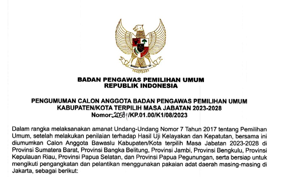 Anggota Bawaslu Kabupaten/Kota di Jambi yang Terpilih Masa Jabatan 2023-2028