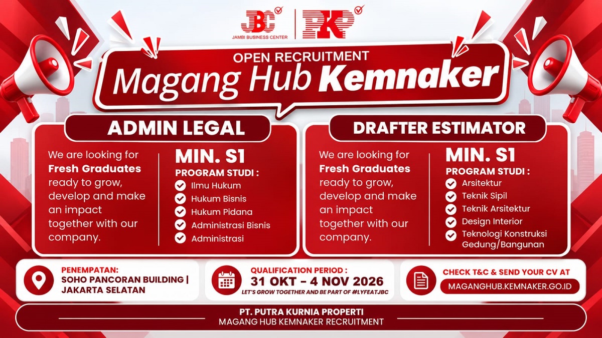 PT Putra Kurnia Properti Buka Rekrutmen Magang Hub Kemnaker, Tersedia Posisi Admin Legal dan Drafter Estimator