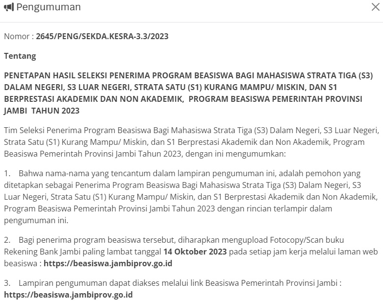 Breaking News !!! Pemprov Jambi Umumkan 210 Penerima Beasiswa S1 Miskin, Berikut Daftar Nama Penerima