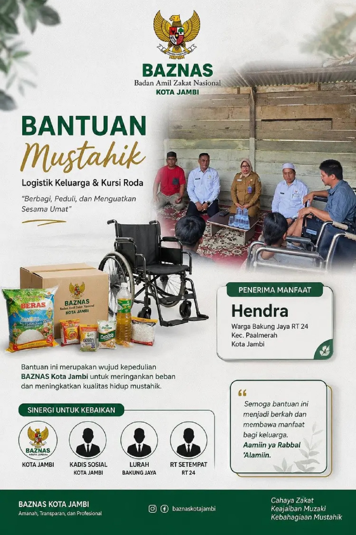 BAZNAS Kota Jambi Salurkan Bantuan Logistik dan Kursi Roda untuk Mustahik di Bakung Jaya