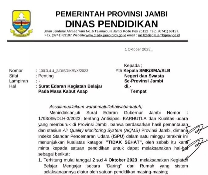 Dinas Pendidikan Provinsi Jambi Liburkan Sekolah SMA Karena Dampak Kabut Asap