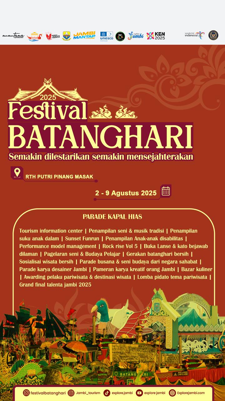 Festival Batanghari 2025 siap digelar di RTH Putri Pinang Masak, Kota Jambi, 2–9 Agustus 2025!