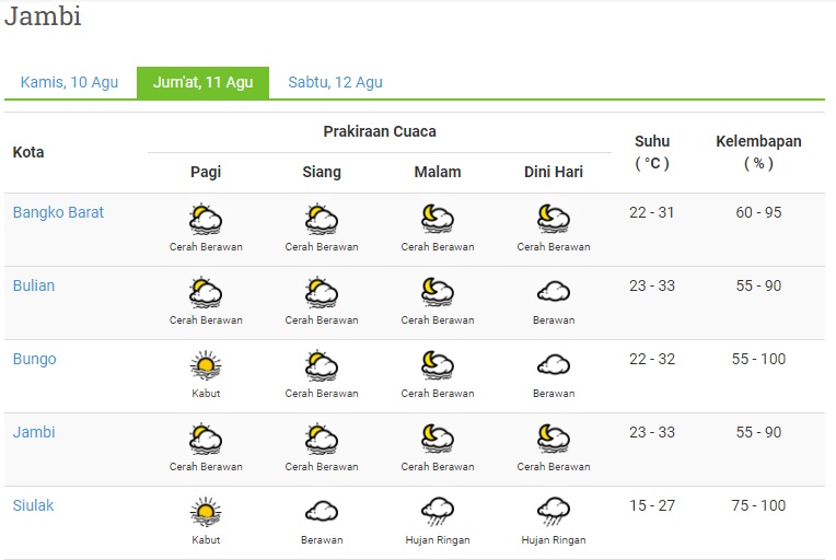 Prakiraan Cuaca Jambi Hari ini 11 Agustus 2023, Kerinci Sungai dan Sungai Penuh Hujan Ringan