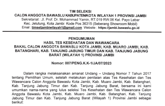 Pengumuman 10 dan 6 Besar Anggota Bawaslu Zona 1, Berikut Daftar Nama Calon yang Lolos