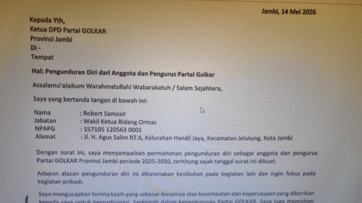 Robert Samosir Resmi Mundur dari Pengurus Golkar Jambi, Surat Disampaikan 14 Mei 2026