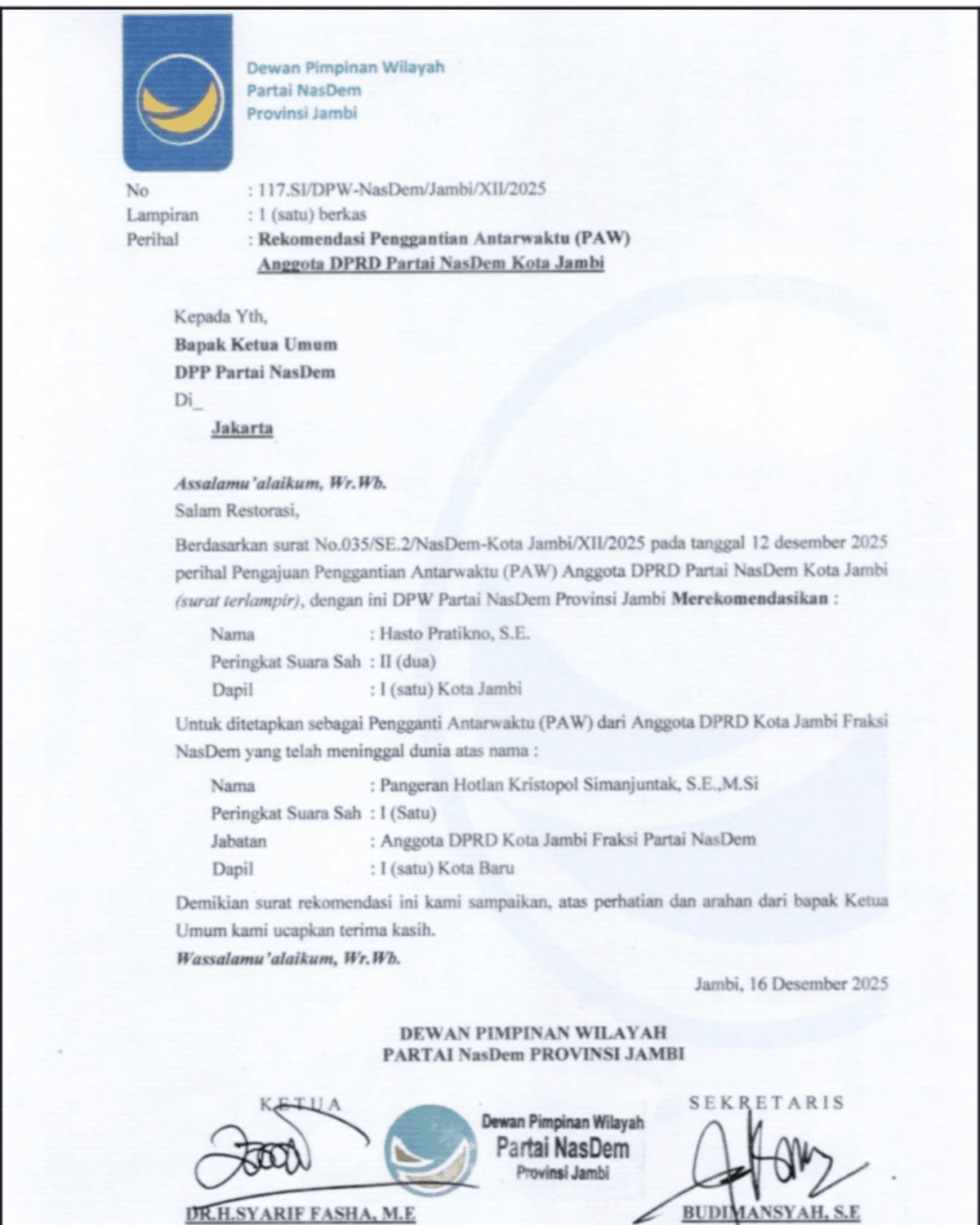 DPW NasDem Jambi Rekomendasikan Hasto Pratikno Jadi PAW DPRD Kota Jambi