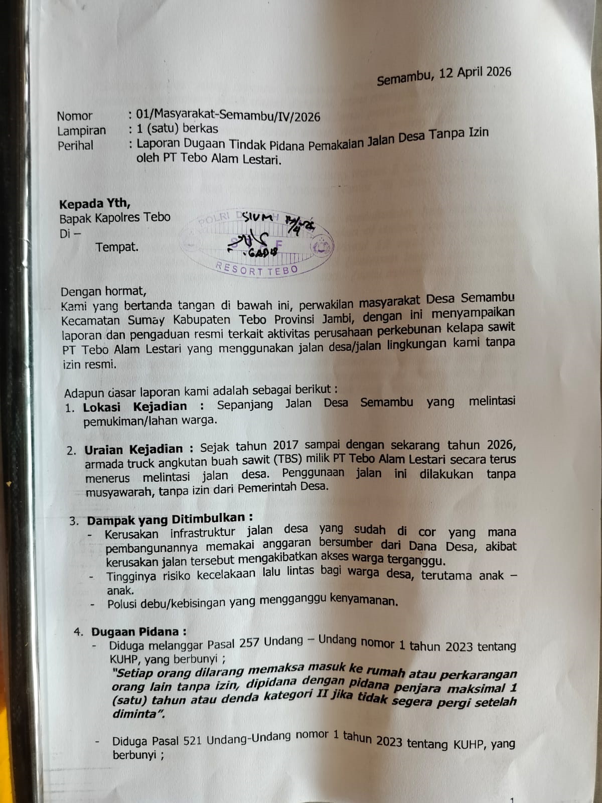 Diduga Gunakan Jalan Desa Tanpa Izin, Warga Semambu Laporkan PT Tebo Alam Lestari ke Polisi