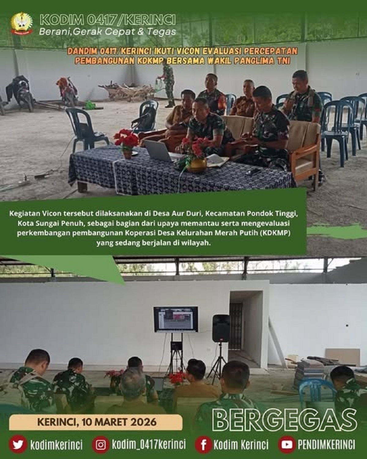 Dandim 0417/Kerinci Ikuti Vicon Evaluasi Percepatan Pembangunan KDKMP Bersama Wakil Panglima TNI