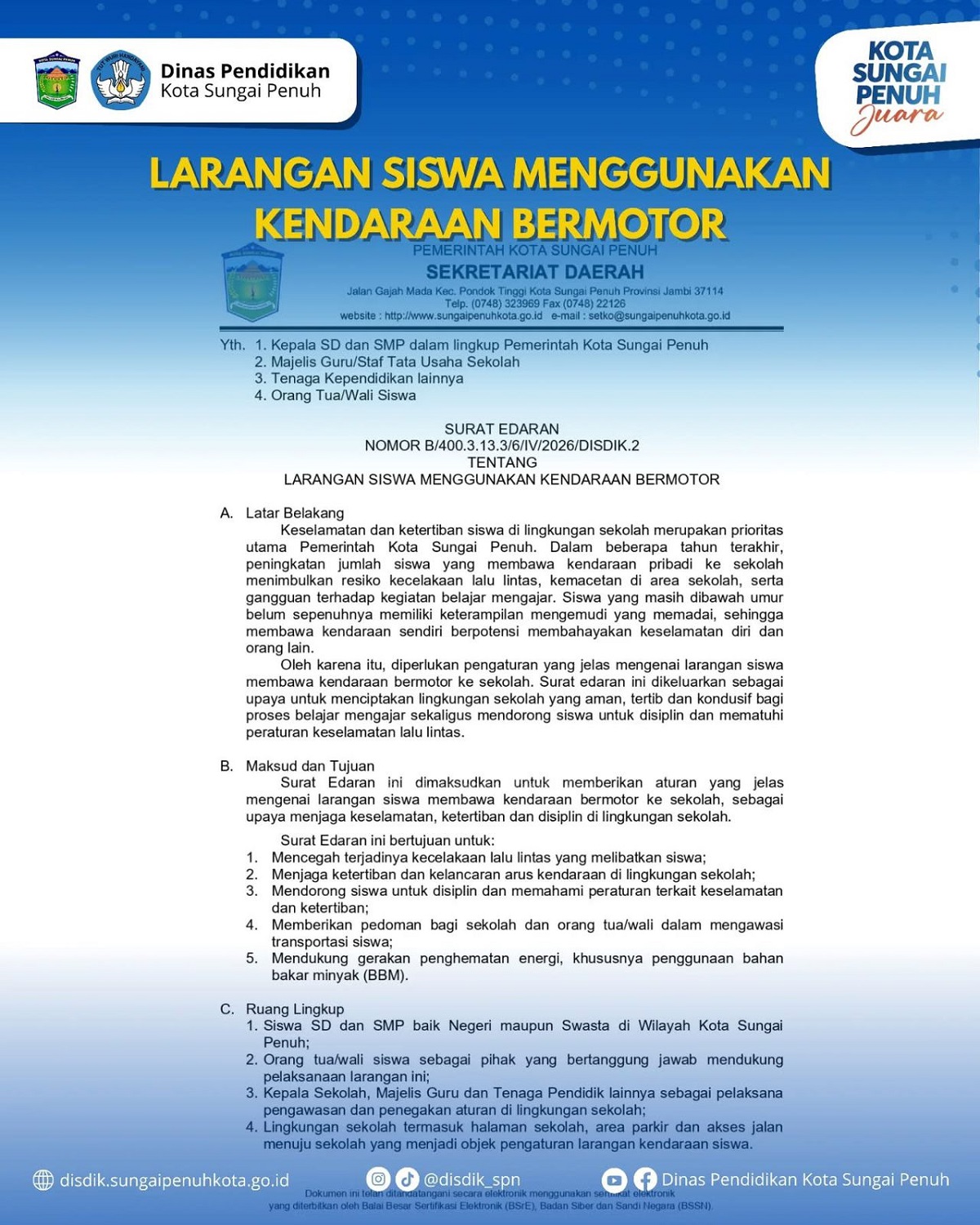 Siswa SD-SMP Dilarang Bawa Kendaraan ke Sekolah, Ini Kata Wako Alfin!