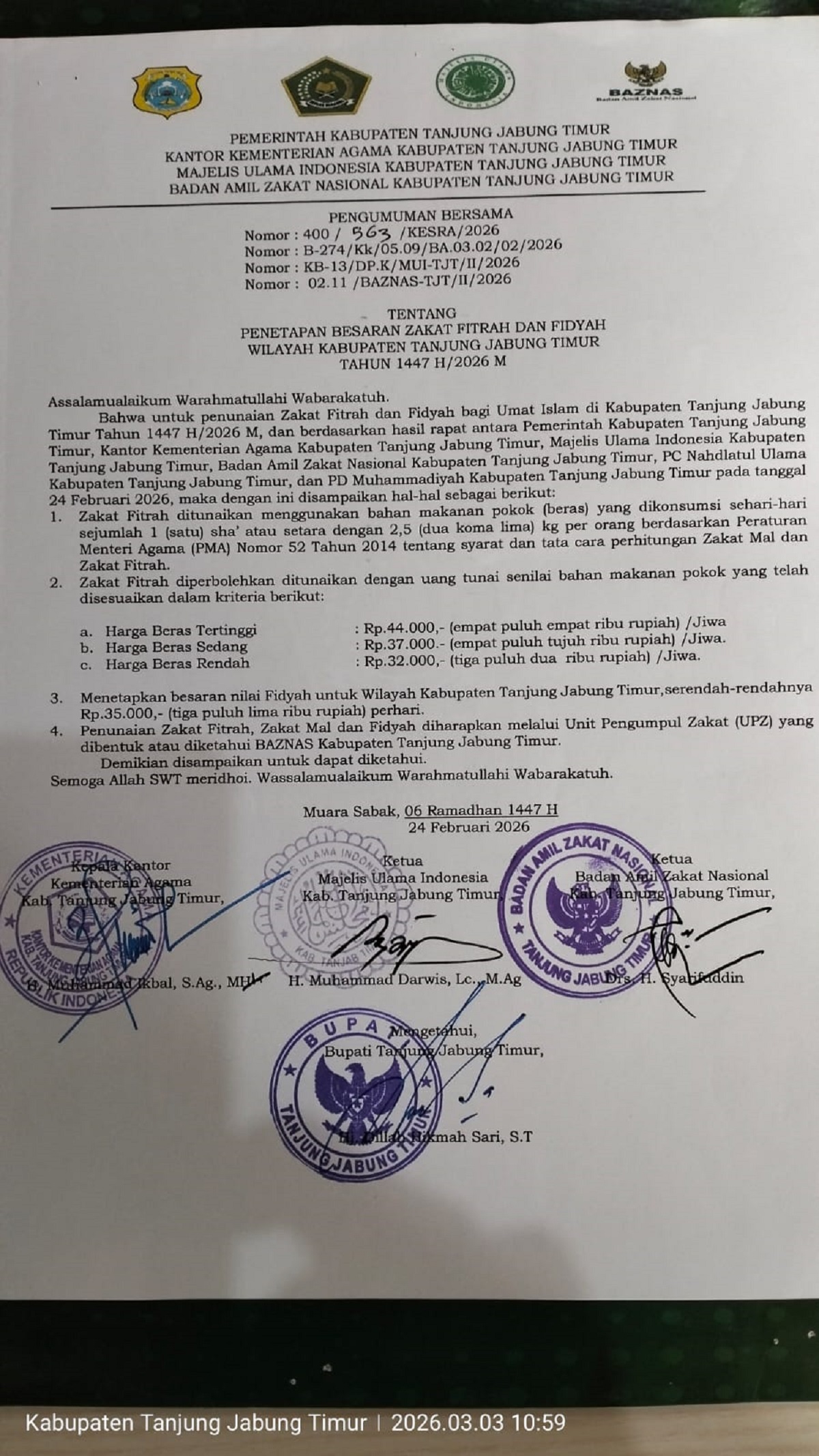 Zakat Fitrah Tanjabtim 2026 Resmi Ditetapkan, Ini Besaran dan Kategori Pembayarannya