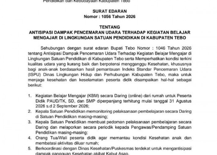 Kualitas Udara Masih Tak Sehat, Bupati Tebo Perpanjang Belajar Daring hingga 2 September