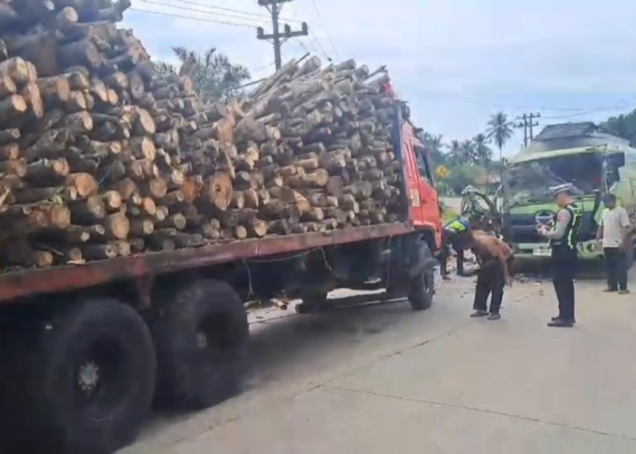 Truk Tangki CPO dan Truk Pengangkut Kayu Terlibat Tabrakan di Batang Hari