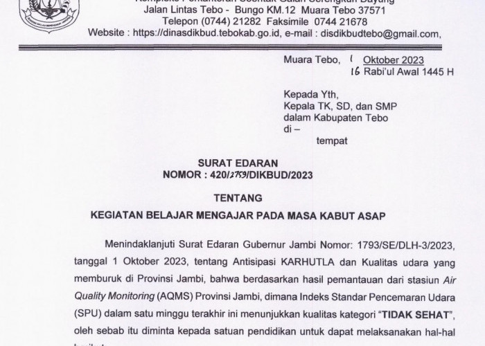 Dampak Kabut Asap, Siswa TK, SD dan SMP di Tebo Diliburkan