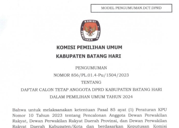 KPU Batanghari Umumkan Daftar Nama Caleg Masuk DCT Batanghari Pada Pemilu 2024