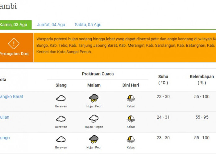 Prakiraan Cuaca Jambi Hari ini 3 Agustus 2023, 4 kabupaten Hujan Petir