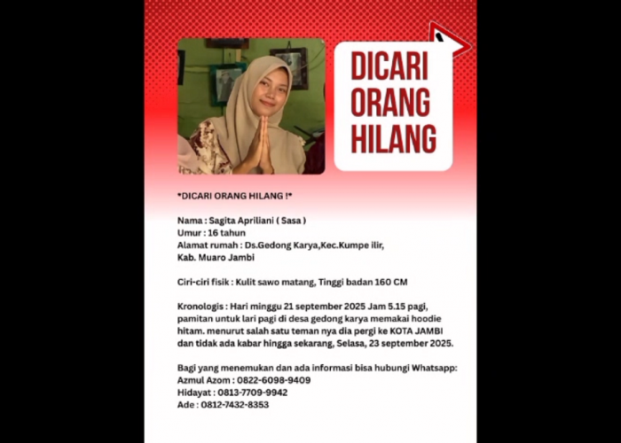 Gadis 16 Tahun Asal Gedong Karya Hilang Usai Pamit Jogging, Sudah 11 Hari Tak Pulang