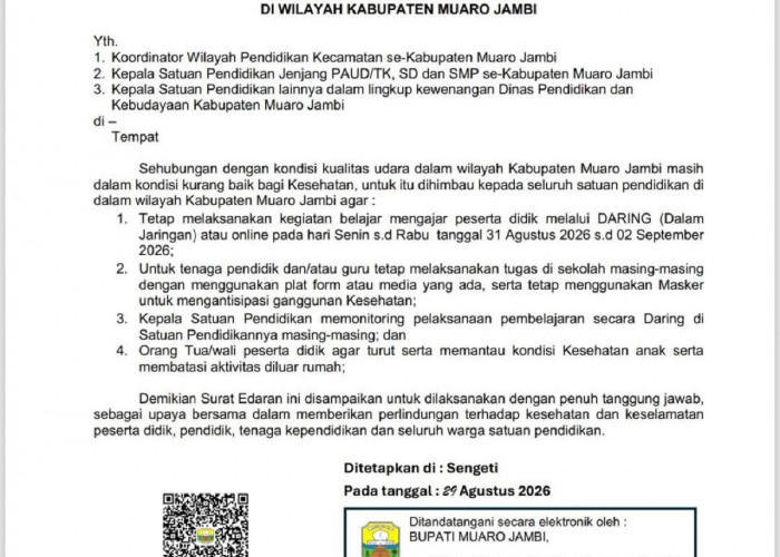 Kabut Asap Belum Reda, Sekolah di Muaro Jambi Kembali Daring 