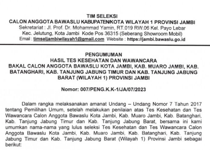 Pengumuman 10 dan 6 Besar Anggota Bawaslu Zona 1, Berikut Daftar Nama Calon yang Lolos