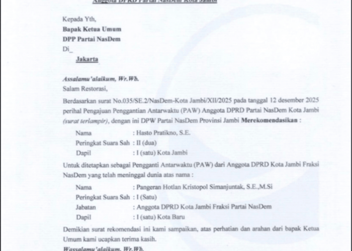 DPW NasDem Jambi Rekomendasikan Hasto Pratikno Jadi PAW DPRD Kota Jambi