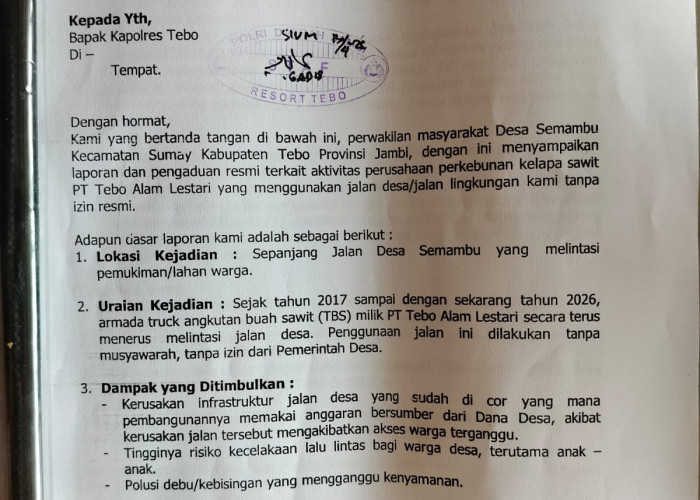 Diduga Gunakan Jalan Desa Tanpa Izin, Warga Semambu Laporkan PT Tebo Alam Lestari ke Polisi